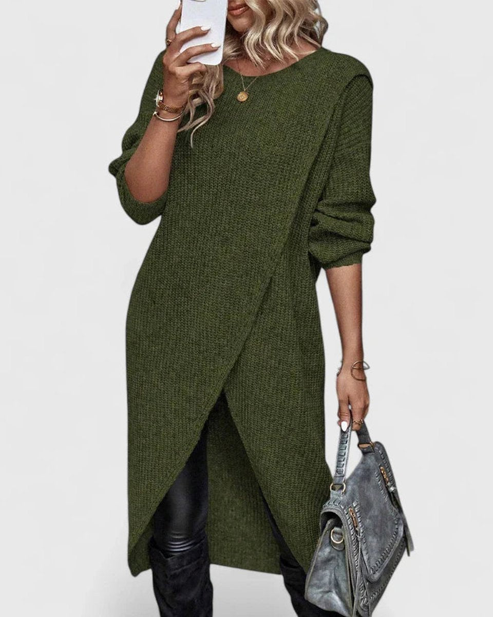 Women's Wrap-Hem Knit Sweater Dress Long-Sleeve Crewneck Tulip Tunic Winter