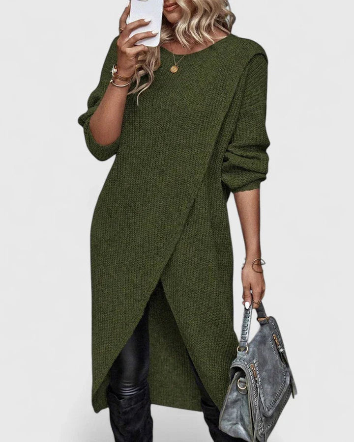 Women's Wrap-Hem Knit Sweater Dress Long-Sleeve Crewneck Tulip Tunic Winter