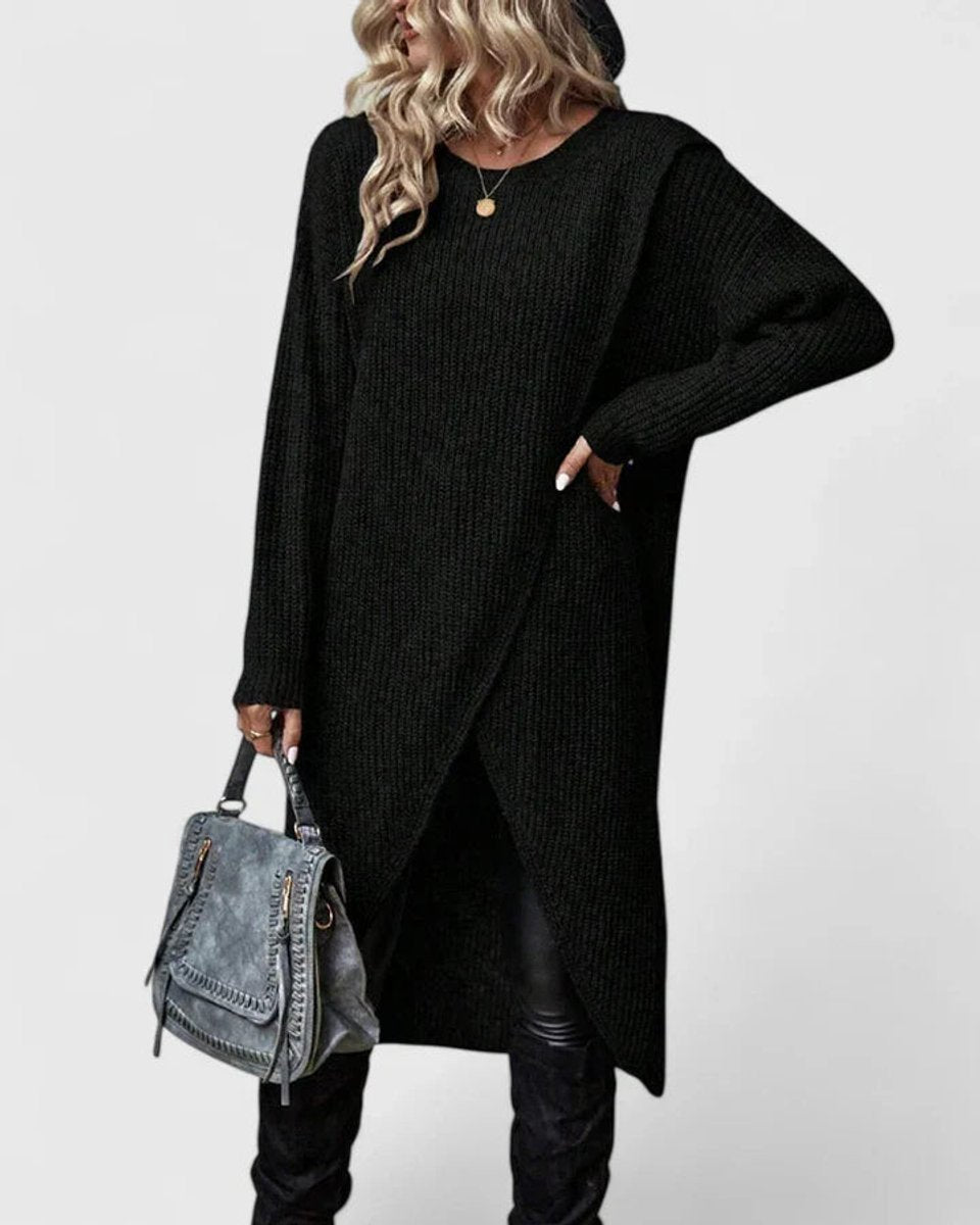 Women's Wrap-Hem Knit Sweater Dress Long-Sleeve Crewneck Tulip Tunic Winter