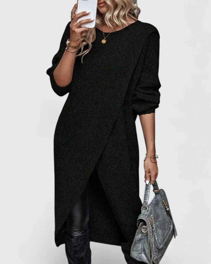 Women's Wrap-Hem Knit Sweater Dress Long-Sleeve Crewneck Tulip Tunic Winter
