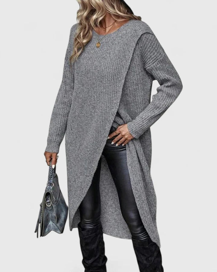 Women's Wrap-Hem Knit Sweater Dress Long-Sleeve Crewneck Tulip Tunic Winter