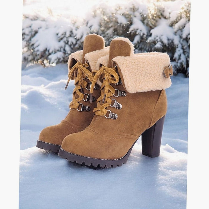 Women's Suede Sherpa-Cuffed Heeled Winter Boots Lace-Up Block Heel Warm