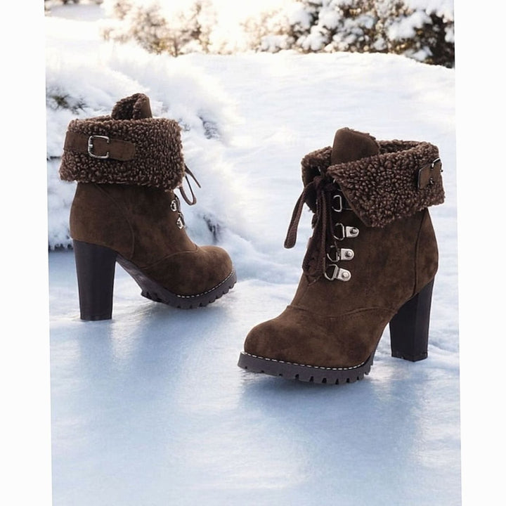Women's Suede Sherpa-Cuffed Heeled Winter Boots Lace-Up Block Heel Warm
