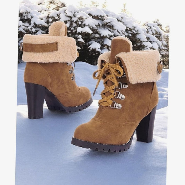 Women's Suede Sherpa-Cuffed Heeled Winter Boots Lace-Up Block Heel Warm