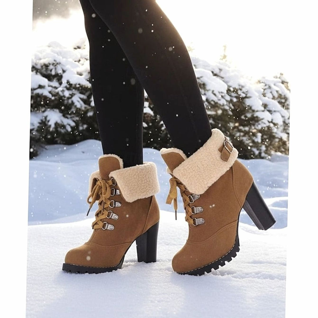 Women's Suede Sherpa-Cuffed Heeled Winter Boots Lace-Up Block Heel Warm