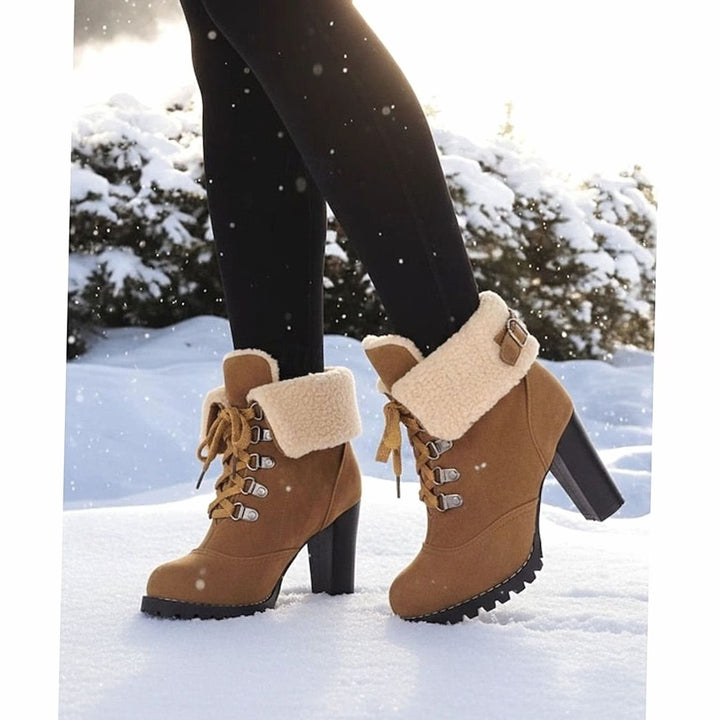 Women's Suede Sherpa-Cuffed Heeled Winter Boots Lace-Up Block Heel Warm