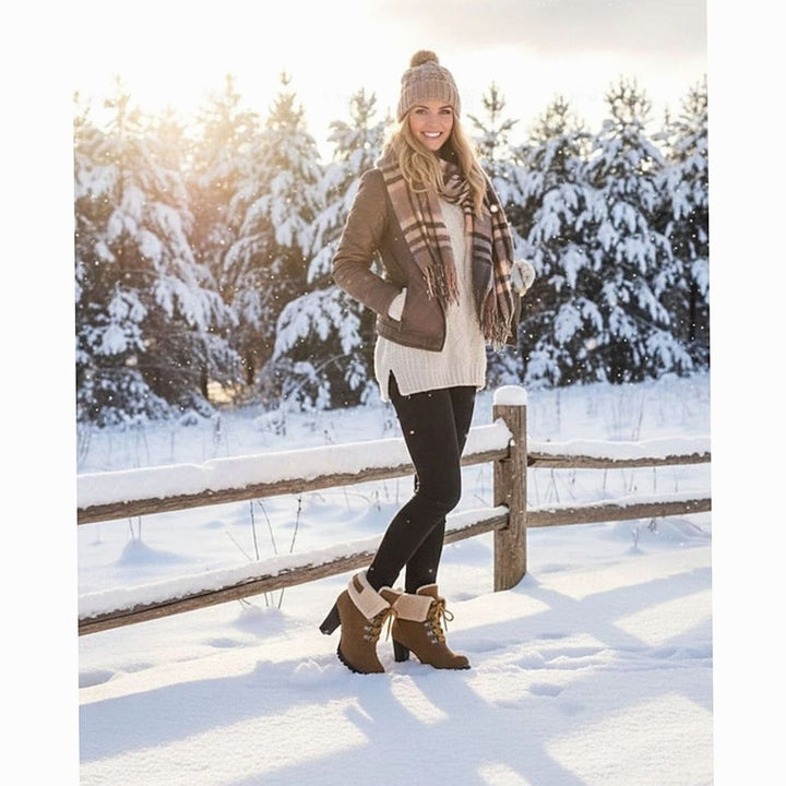 Women's Suede Sherpa-Cuffed Heeled Winter Boots Lace-Up Block Heel Warm