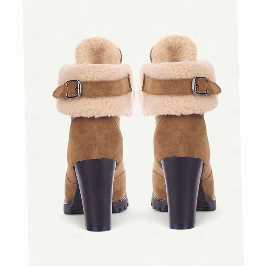 Women's Suede Sherpa-Cuffed Heeled Winter Boots Lace-Up Block Heel Warm