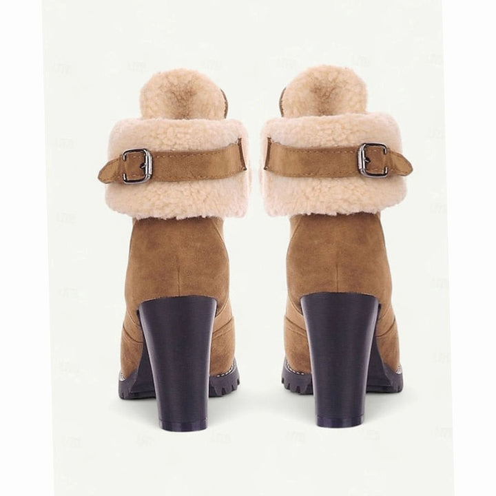 Women's Suede Sherpa-Cuffed Heeled Winter Boots Lace-Up Block Heel Warm