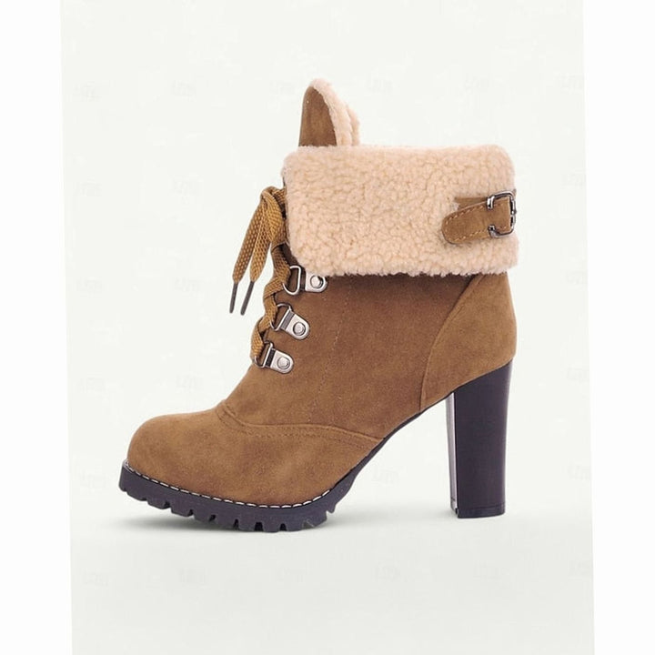 Women's Suede Sherpa-Cuffed Heeled Winter Boots Lace-Up Block Heel Warm