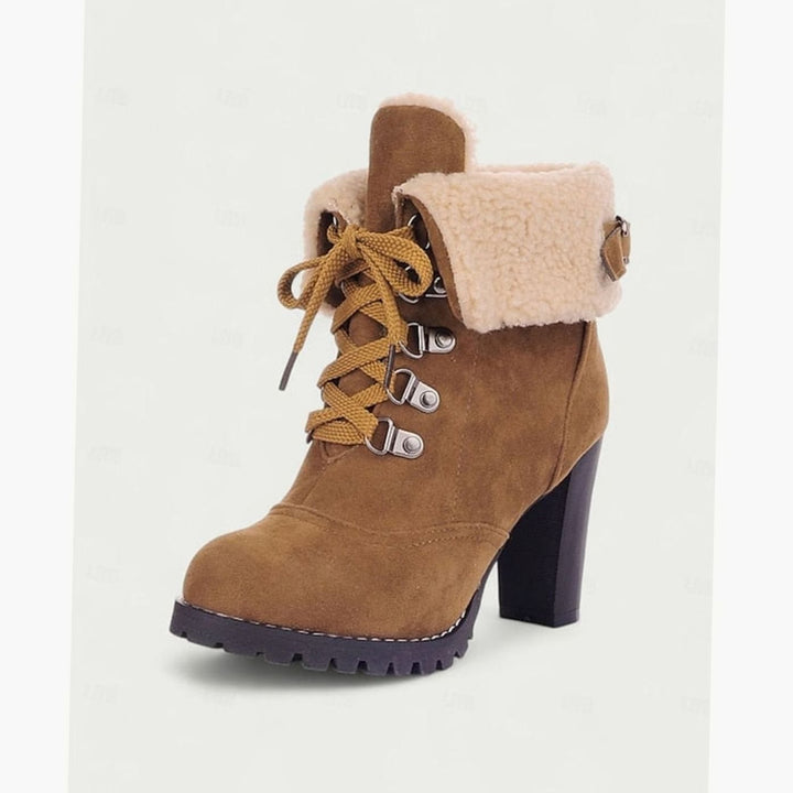 Women's Suede Sherpa-Cuffed Heeled Winter Boots Lace-Up Block Heel Warm
