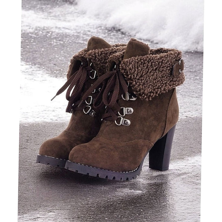 Women's Suede Sherpa-Cuffed Heeled Winter Boots Lace-Up Block Heel Warm