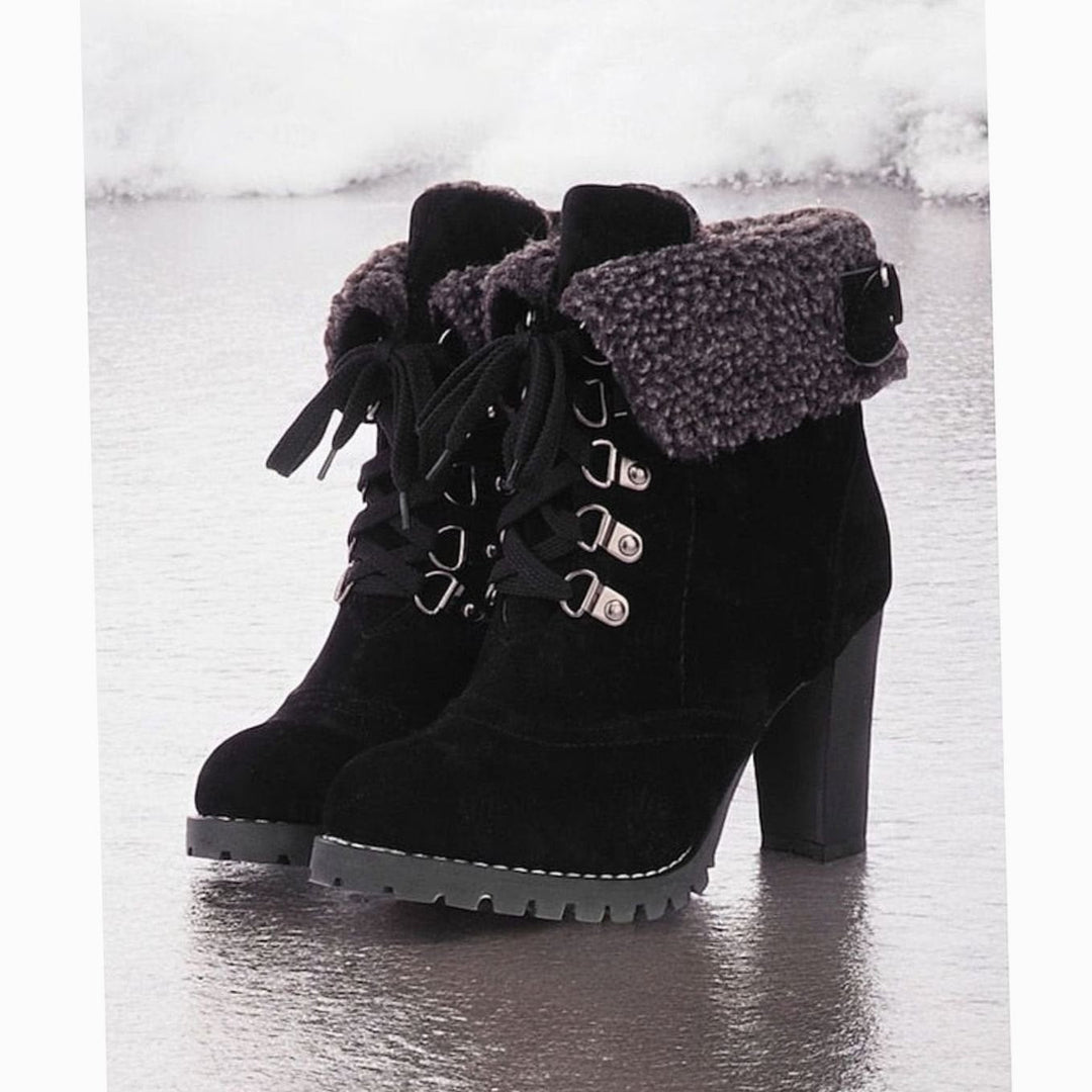 Women's Suede Sherpa-Cuffed Heeled Winter Boots Lace-Up Block Heel Warm