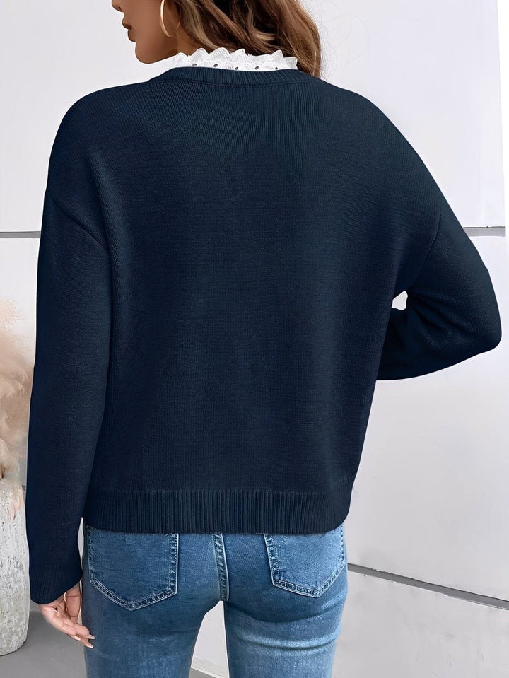 Women's V-Neck Lace-Trim Knit Sweater Long-Sleeve Relaxed Pullover Top