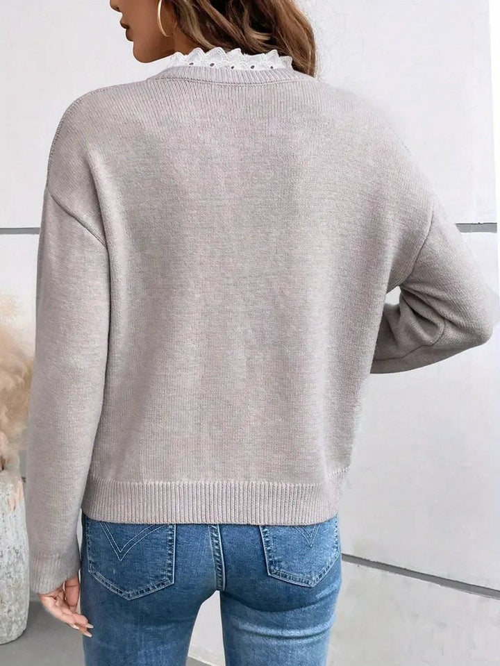 Women's V-Neck Lace-Trim Knit Sweater Long-Sleeve Relaxed Pullover Top