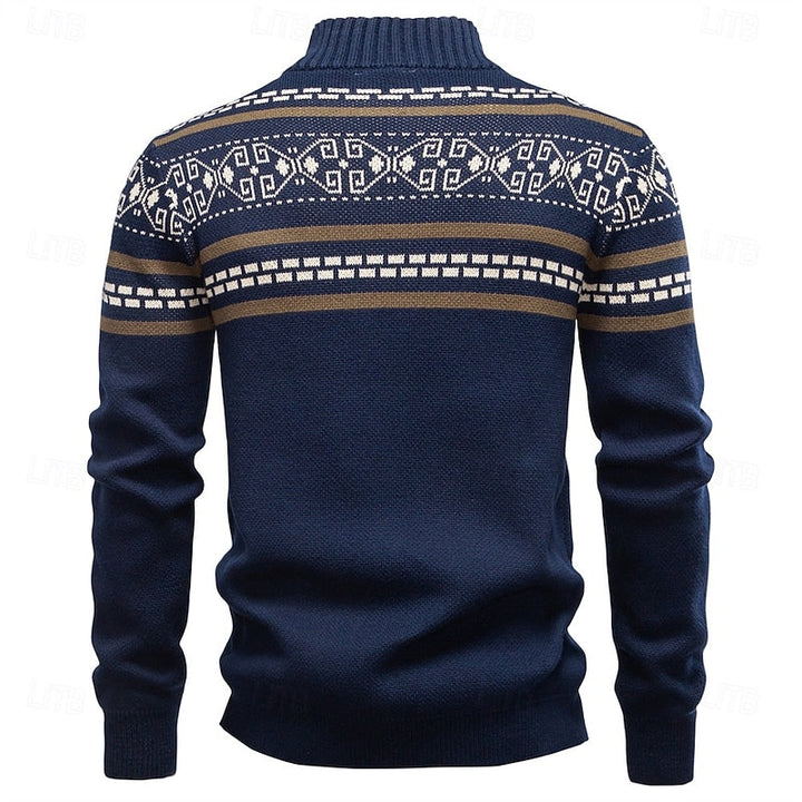Men's Fair Isle Zip-Up Cardigan Stand Collar Nordic Knit Festive