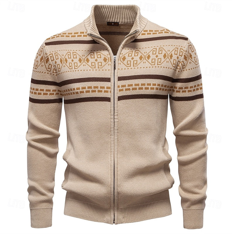 Men's Fair Isle Zip-Up Cardigan Stand Collar Nordic Knit Festive